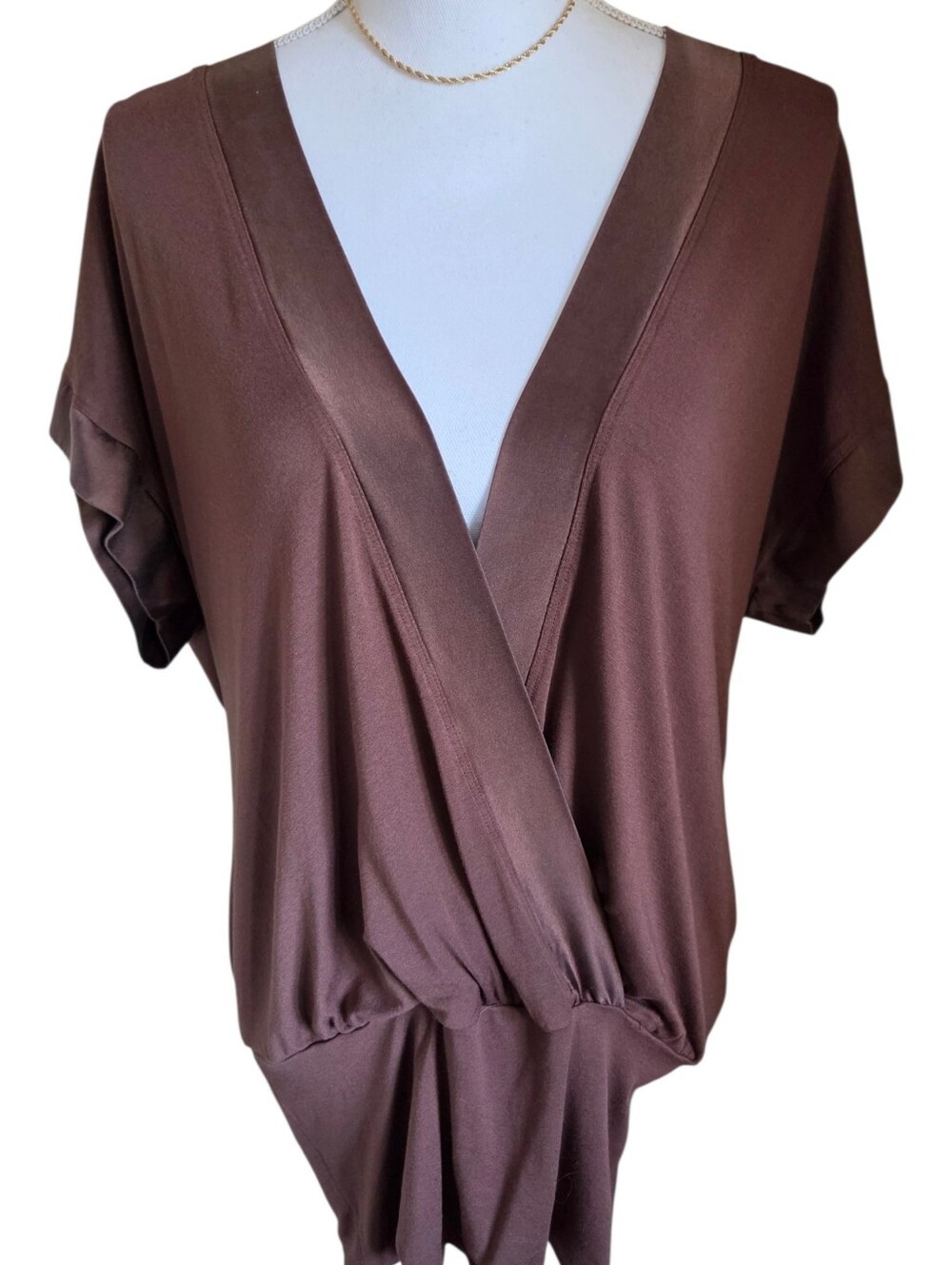 vintage bebe top womens small brown satin trim deep v surplice wrap blouse